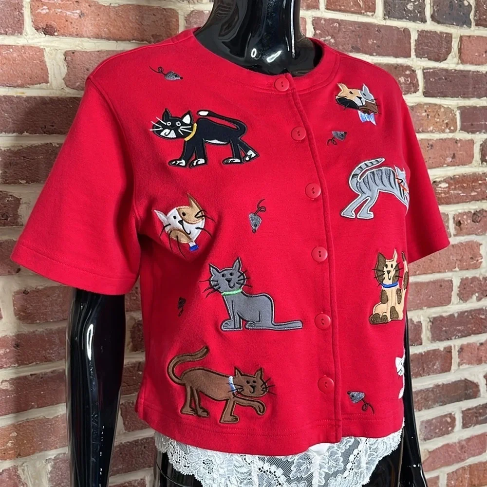 Vintage Cat and Mouse Button Front Tee w/ Buttons Up The Front Size S - Picture 5 of 5